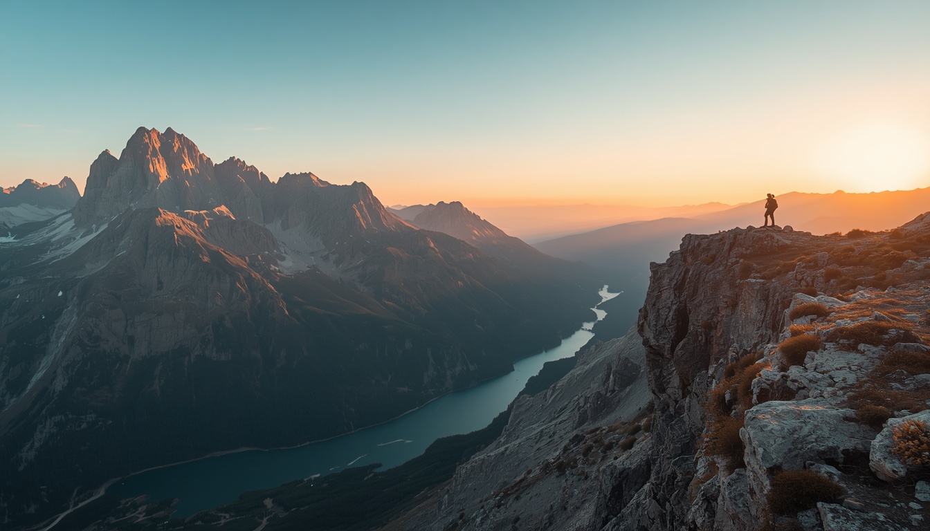 A panoramic view of rugged mountain peaks at golden hour with a lone hiker standing on a rocky ridge overlooking a vast valley with winding rivers below