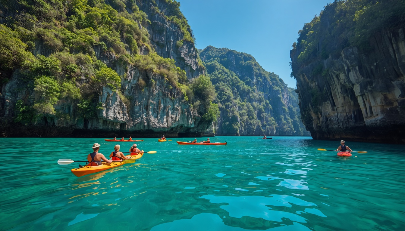 A group of adventurers kayaking through turquoise waters surrounded by towering limestone cliffs covered in lush tropical vegetation during a bright sunny day